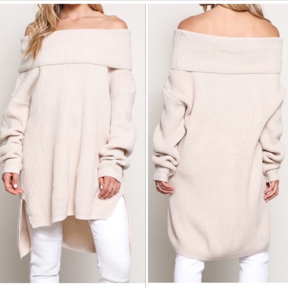 🆕CREAM OFF THE SHOULDER LONG-SLEEVE RIBBED OVERSIZED SWEATER DRESS OR TUNIC - Picture 1 of 4